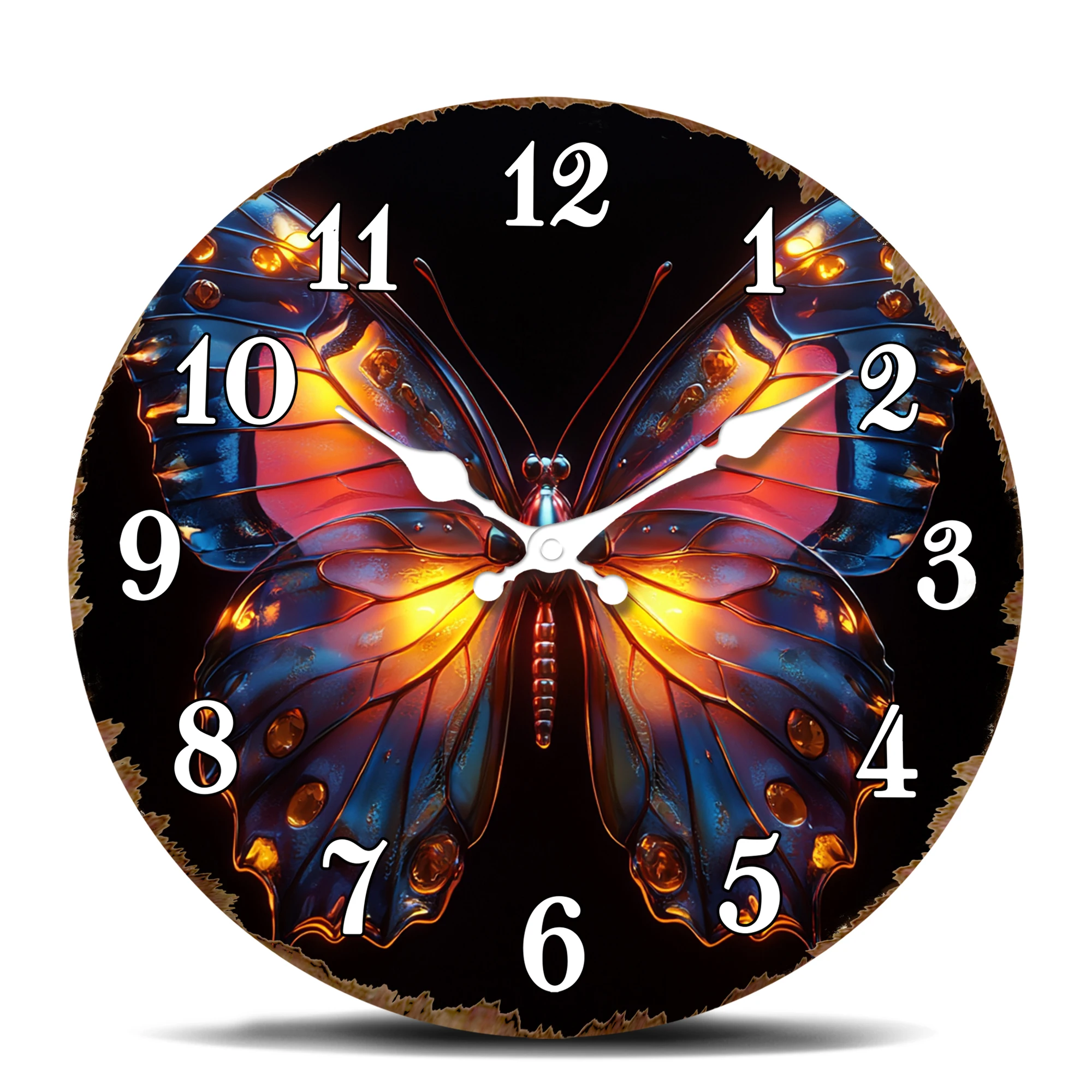 Glowing Butterfly with Fiery Hues Wall Clock, Insect Theme Silent Quartz Clock, Striking Decorative Round Timepiece for Art Love
