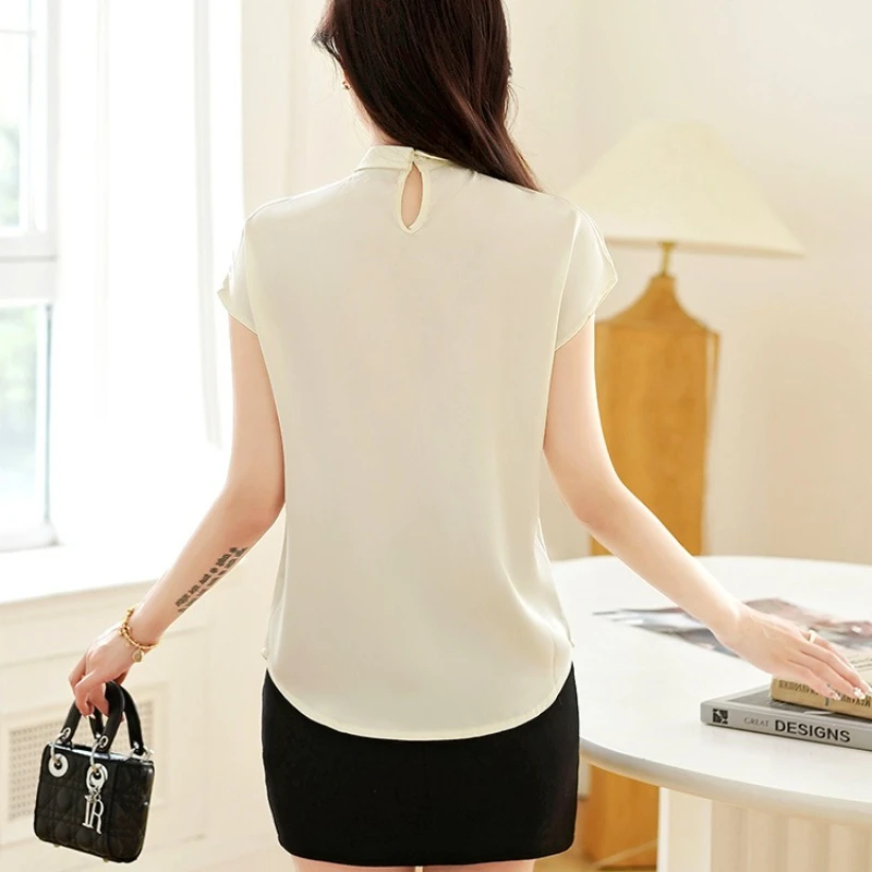 Blouse Women 2025 Summer New Pearl Bubble Champagne Womens Tops Korean Reviews Many Girls Clothes Asymmetric Stand Collar Shirt