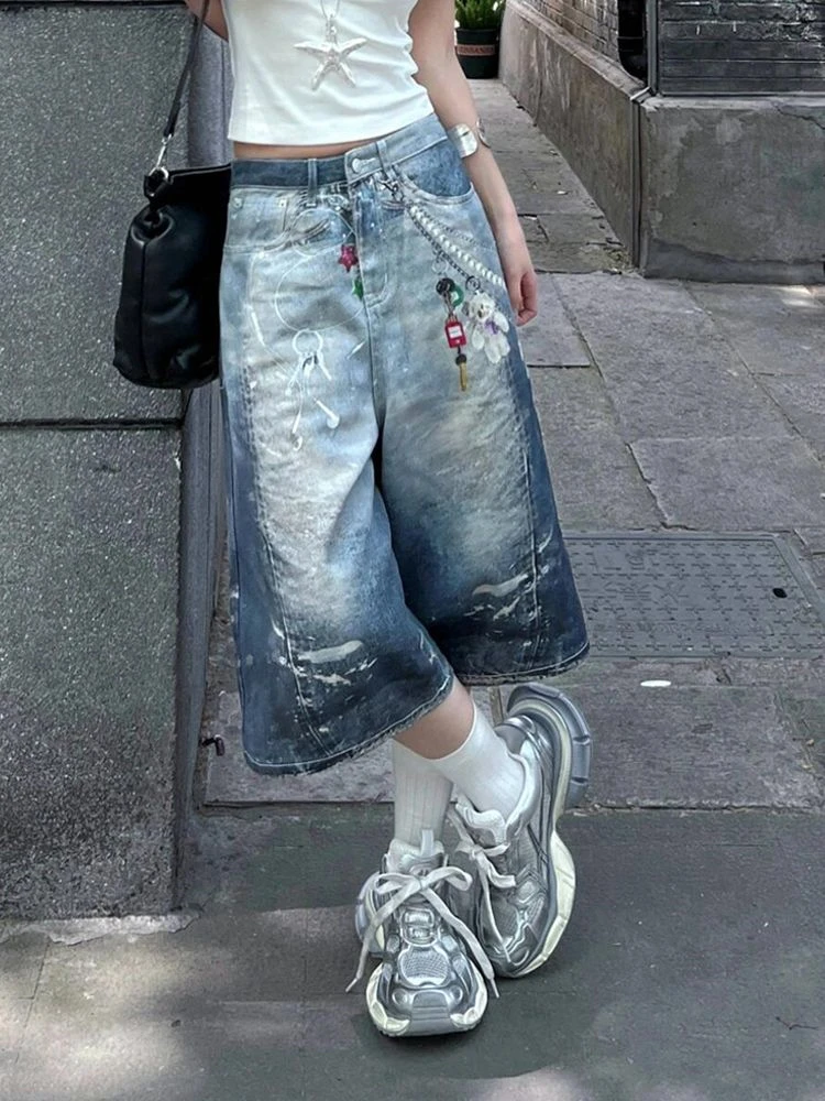 

Women's Personalized Printed Calf-length Jeans High Waist Vintage Hip Hop Baggy Straight Girl Pant Street Wide Leg Denim Trouser