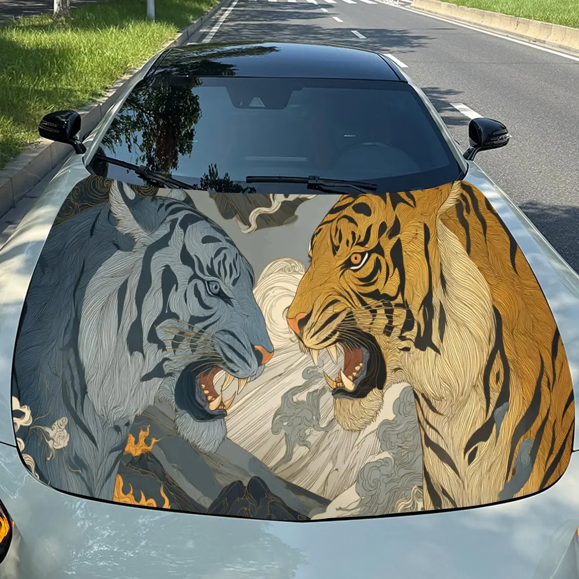 Aggressive Two Tigers Car Hood Stickers - Self-Adhesive, Waterproof and Durable Vinyl Wrap, Decorate And Protect Your Car, Fit F