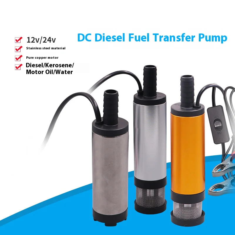 12V DC Fuel Transfer Pump Diesel Oil Water Submersible Electric Motor for Car Camping Fishing Stain Steel Shell Portable