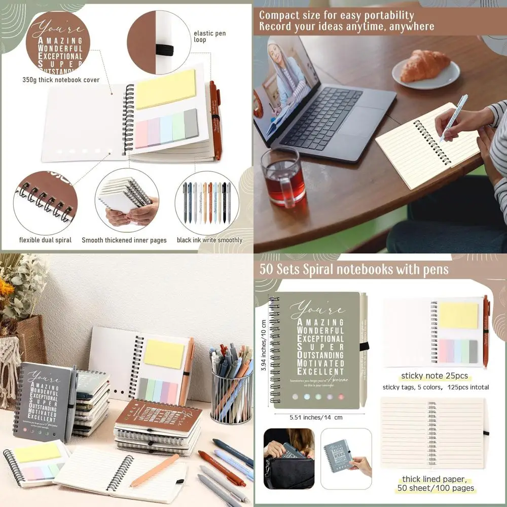 

Вдохновляющие спиральные блокноты в упаковке с липкими заметками и ручками — объемные журналы в стиле бохо для рождественских подарков, призначений для сотрудников