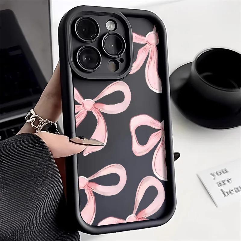 Liquid Silicone Case For iPhone 13 16 11 15 14 12 Pro Max X XR XS 7 8 Plus SE 2020 Pink Bowknot Bow Shockproof Soft Phone Cover 