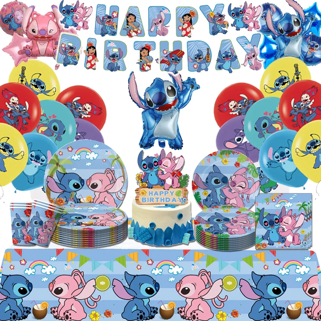 Hot Cartoon Stitch Birthday Party dinnerware Banner Cake Disposable Hanging Flag Lilo & Stitch Balloons Birthday Decoration