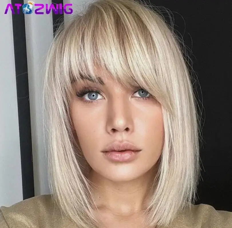 Ash Blonde Bob Wigs Short Straight Ombre Blonde Wigs with Bangs Natural Wigs USA