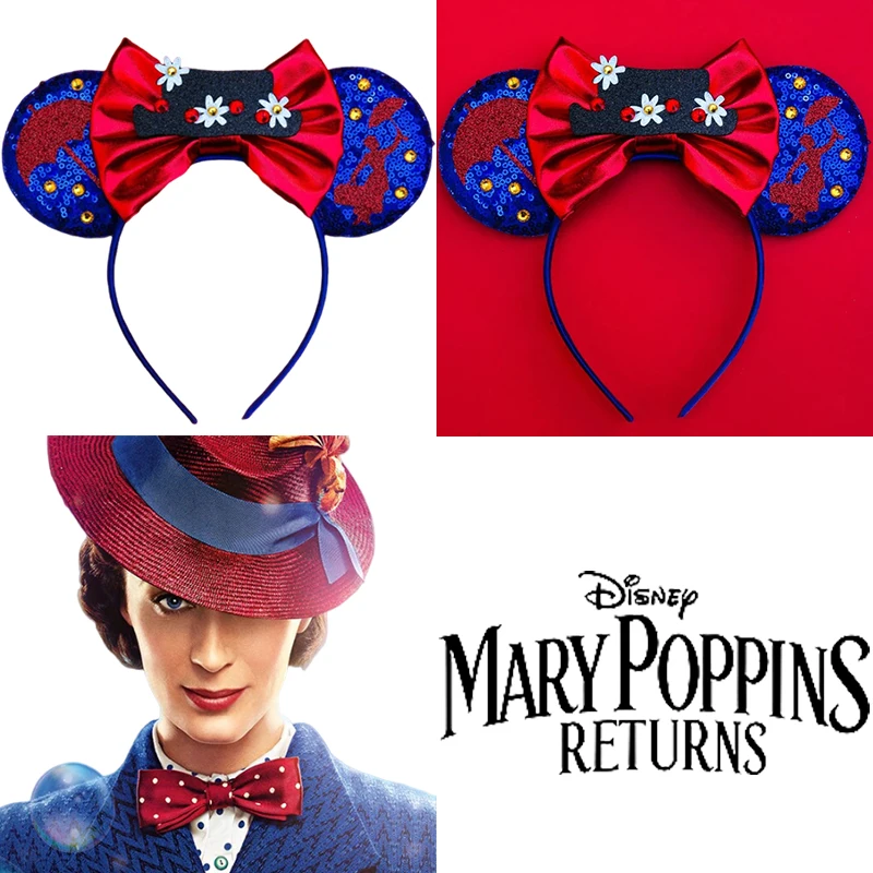 Disney Mary Poppins Sequin Ear Headbands for Adults Mickey Mouse Umbrella Bows Hairbands Women Girls Party Hair Accessories Gift