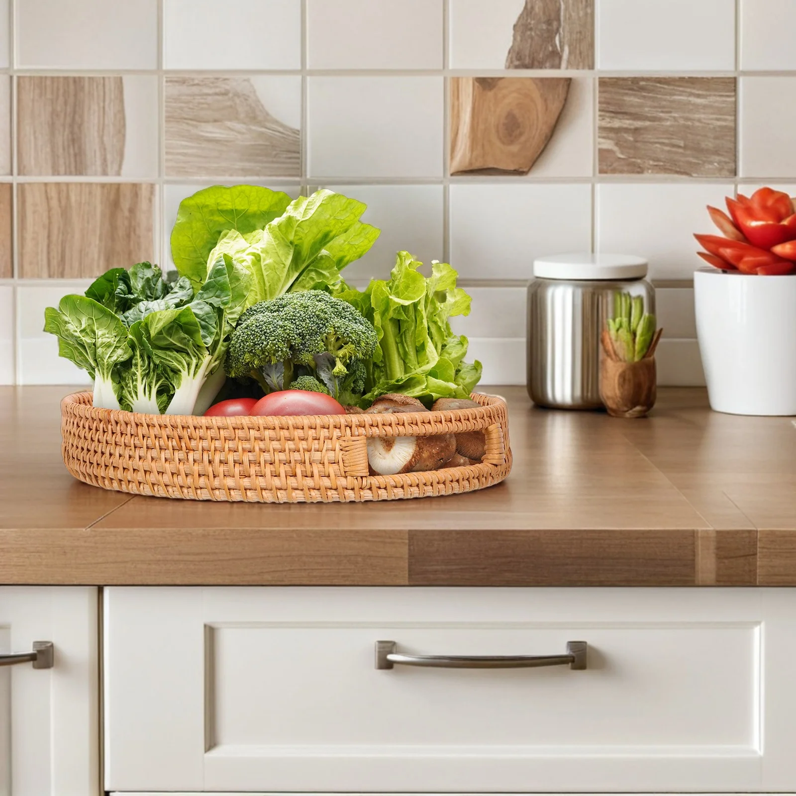 

12-Inch Round Rattan Tray Handwoven Serving Basket with Hollow Handles for Fruits Snacks Bread Dining Patio