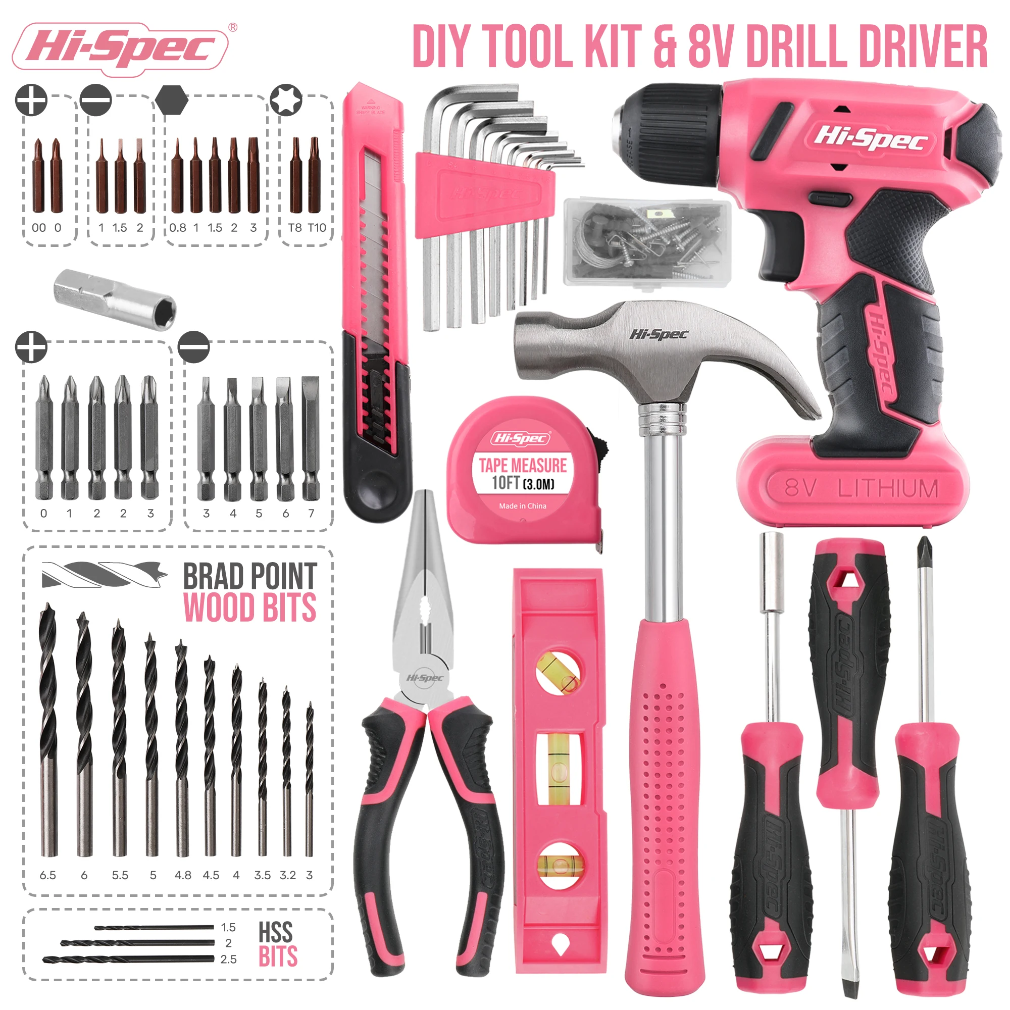 Set di trapano Hi-Spec 58pc Pink Tool Set 8V USB trapano elettrico Driver e Kit di attrezzi per la casa.