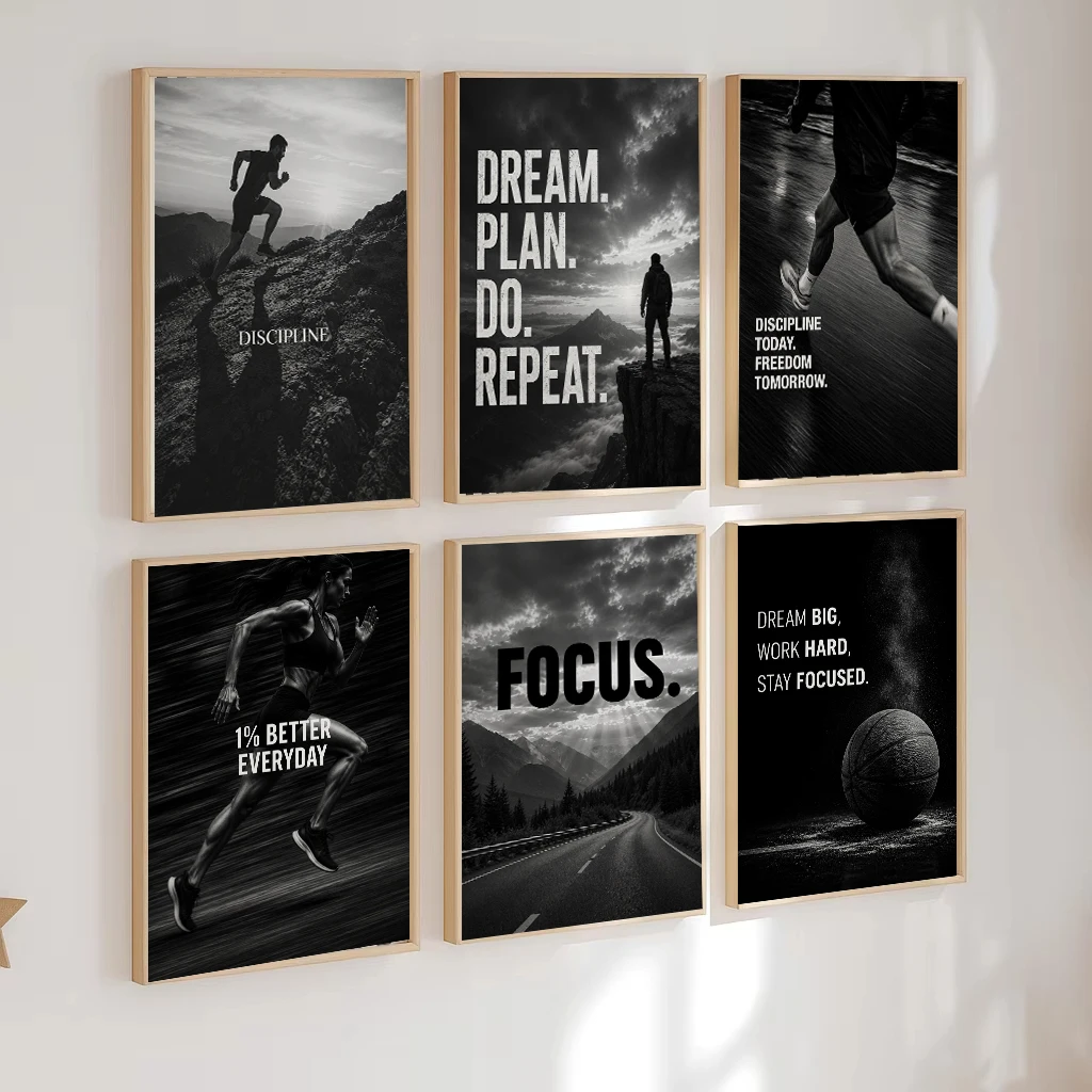 Affiche de motivation fitness moderne : Citation inspirante sur le succès, la discipline et la concentration – Impression sur toile, décoration murale pour salle de sport et maison