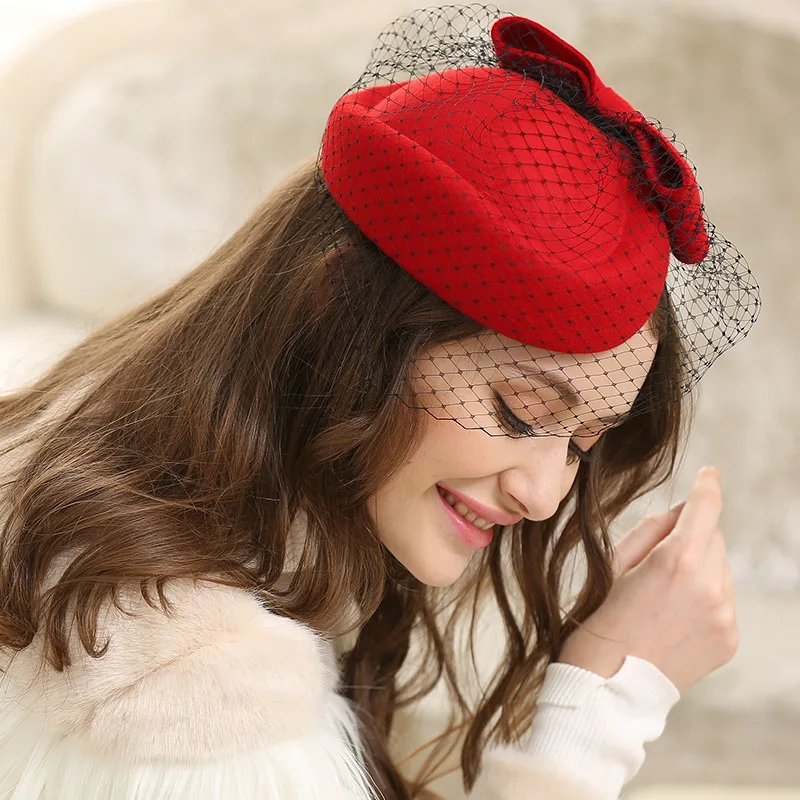 100% Australian wool hat for women Bride Elegant Wool Gauze Bow Airline Stewardess Women's Fedora Caps Lady Royal chapeau femme