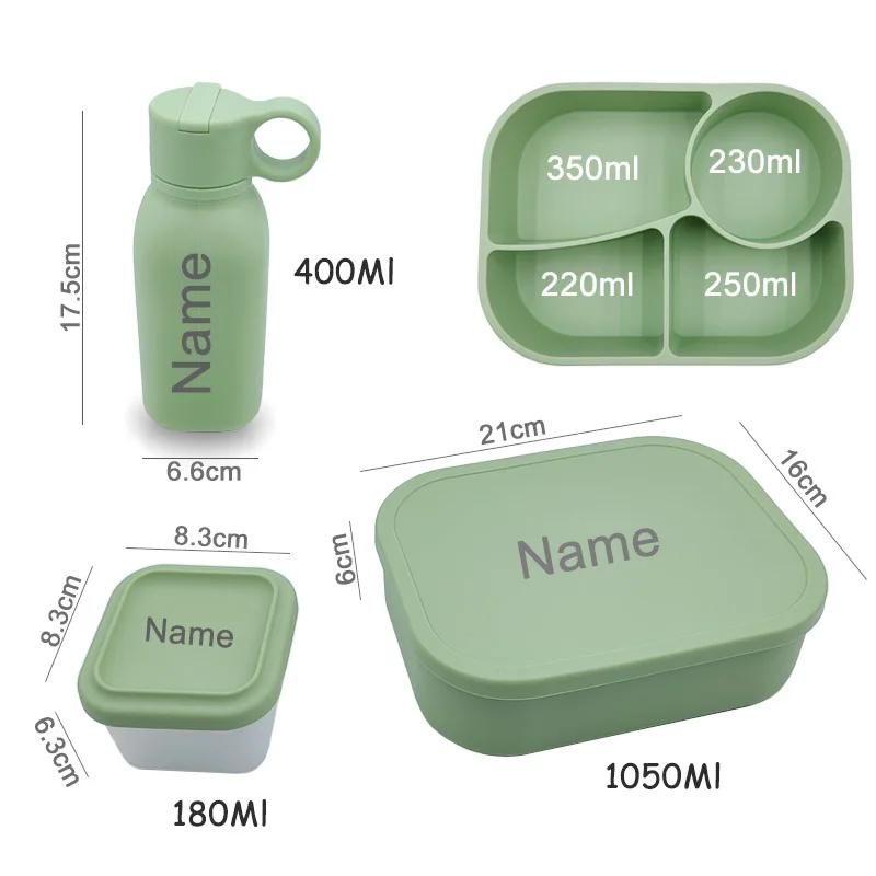 Personalized Name Silicone Lunch Bento Box Straw Water Bottle Sets Camping Picnic Food Drinkware Container Sippy Bottle For Kids