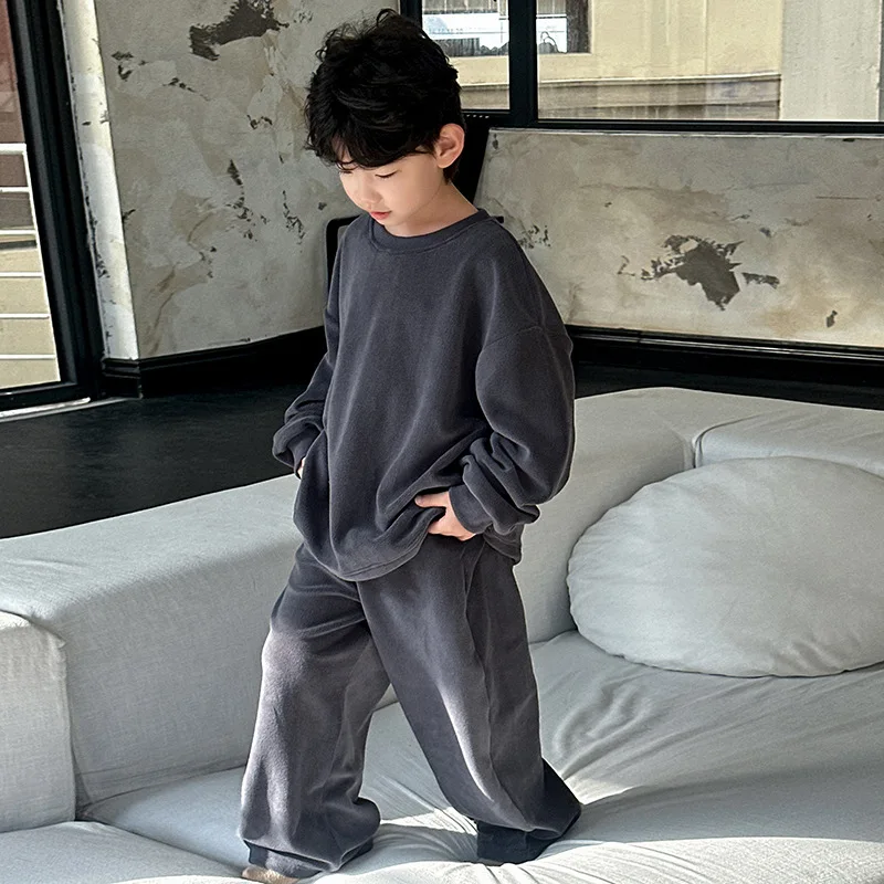 Autumn Winter 1-10Y Boys Loungewear Clothes Set Solid Velvet Cotton Round Collar Kids Boys Pullover Casual Soft Boys Pants Suit