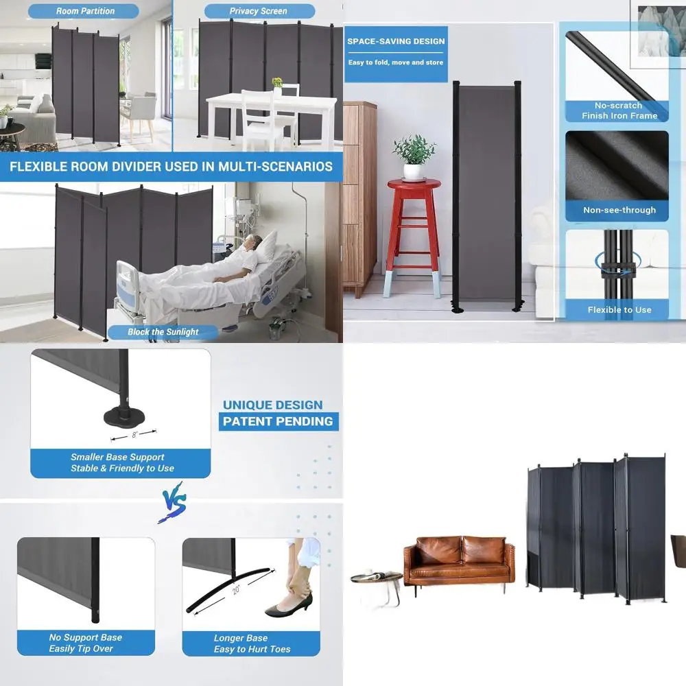 

6 Panel Privacy Room Divider, 10ft Wide x 6ft Tall, Office Partition Walls with Base, Grey