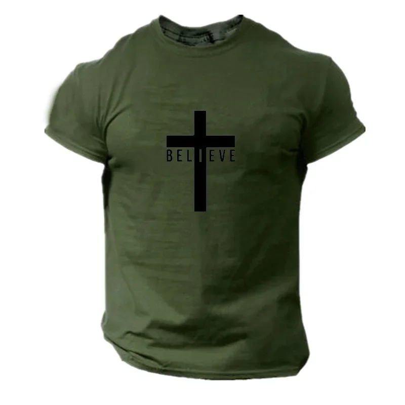 Men\'s Fashion I Believe in God Cross Christian 3D Printing T-Shirt Casual Round Neck Jesus Short Sleeve T-Shirts Quick Dry Cloth