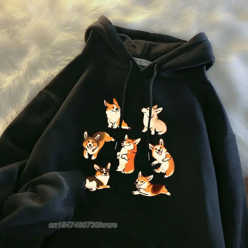 7 Corgis Animal Dog Street Printing Hoodie Women Men Clothing Autumn Warm Sweatshirts Oversize Loose Hooded