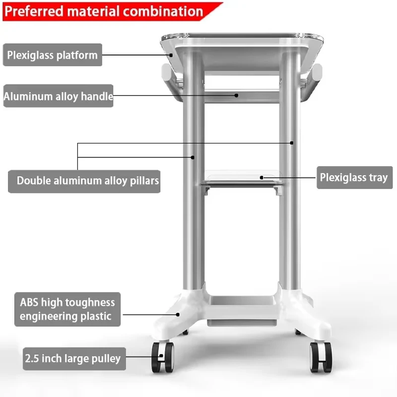 Chariot personnalisé en alliage d'aluminium, plexiglas acrylique, machine de beauté, base de support, salon, spa, équipement essentiel de la présidence