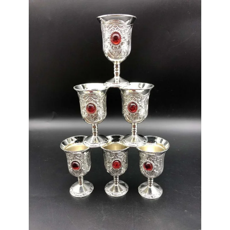 

Antique Miscellaneous Collection Vintage Distressed Crafts Miao Silver Wine Glass Blue Red Green Three-Color Wine Glass Ornament