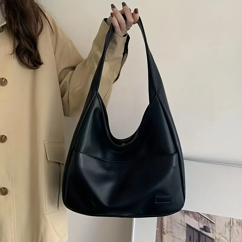 Bolso Hobo para mujer, bolso de hombro liso de cuero PU Simple, bolso de gran capacidad a la moda para el trabajo escolar 2023