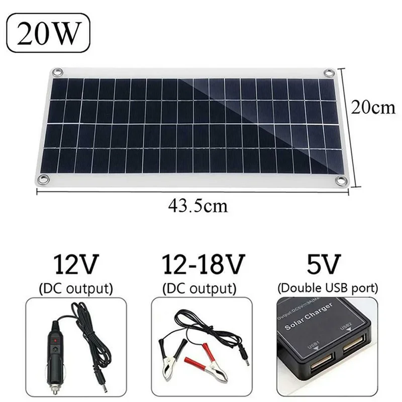 25W Solar Panel Cell Solar Cells Polycrystalline Dual USB 5V &DC12-18V Solar Charger with Car Charger Battery Clip For Outdoor