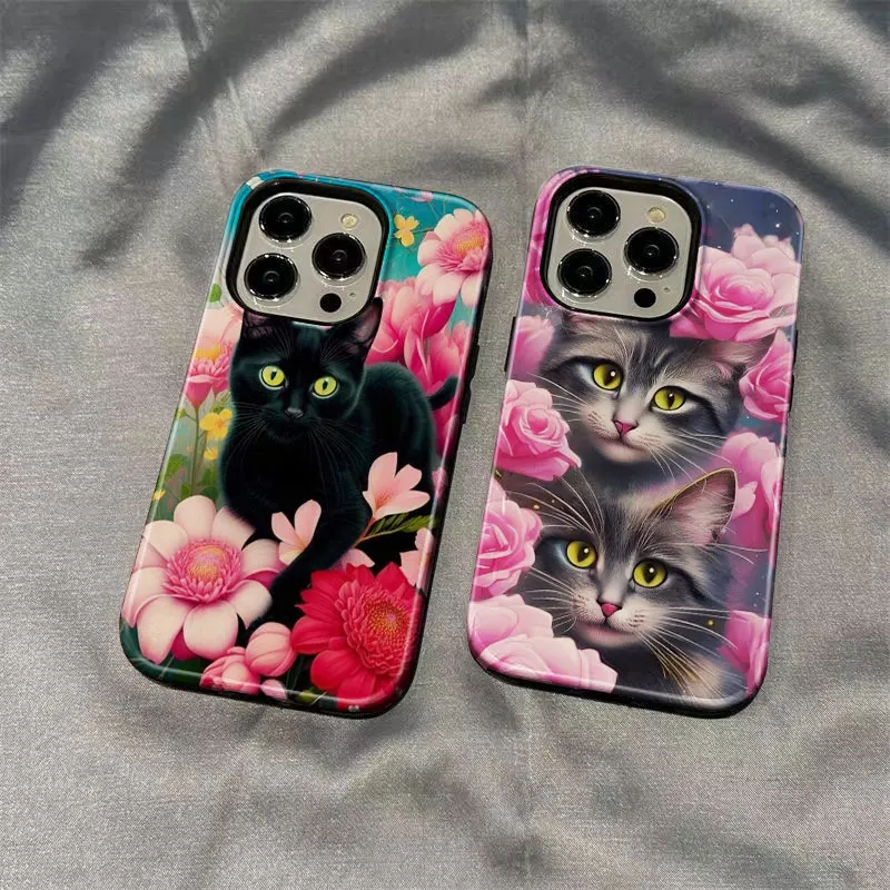 

2 In 1 Phone Case for iPhone 15 14 11 13 12 11 Pro Max Plus Hard PC Cover Funda Silicone Inner Layer Coque Cute Kitten