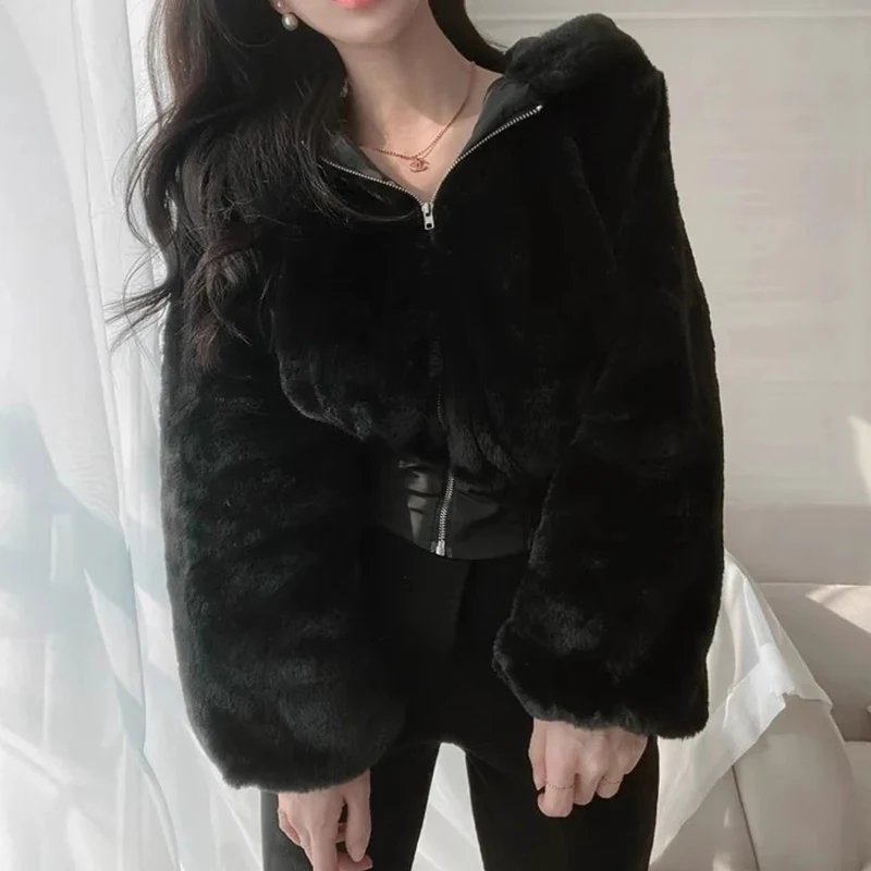 Chic hiver femmes fermeture éclair à capuche longue Sve couleur Pure ort manteau décontracté polyvalent coupe ample fourrure Jaet trajet Sle