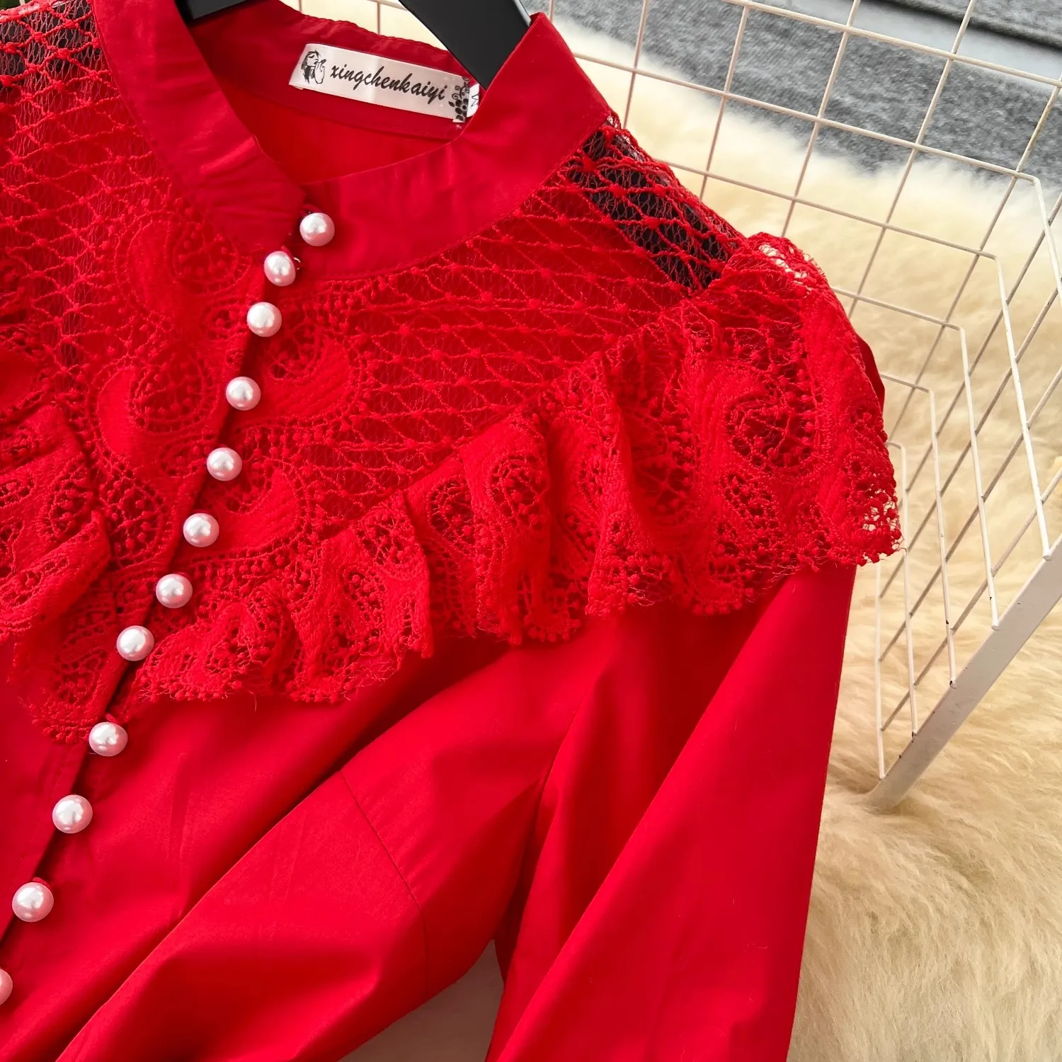 滑走路フリルフラワーレース刺繍パッチワークレッドロングパーティードレス女性の真珠シングルブレストヴィンテージイブニングプロム Vestido