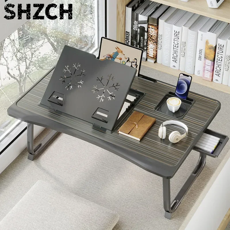 Foldable Laptop Desk for Bed with 6 Gear Adjustable Height Bracket Lap Table Breakfast Tray Desk with Drawer for Working Gaming