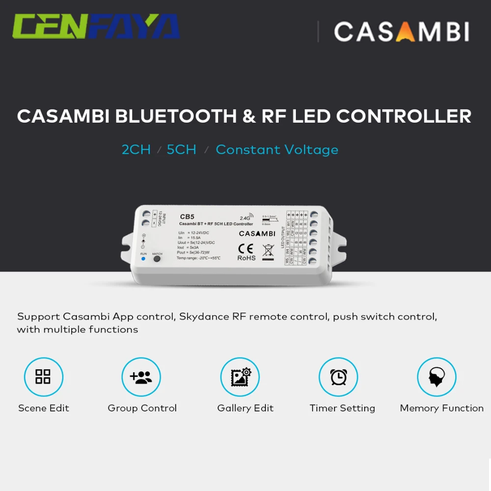 Casambi Bluetooth RF Smart LED Controller DC 12V 24V Dimmer Casambi APP Control for Single Color CCT RGB RGBW RGBCCT LED Strip