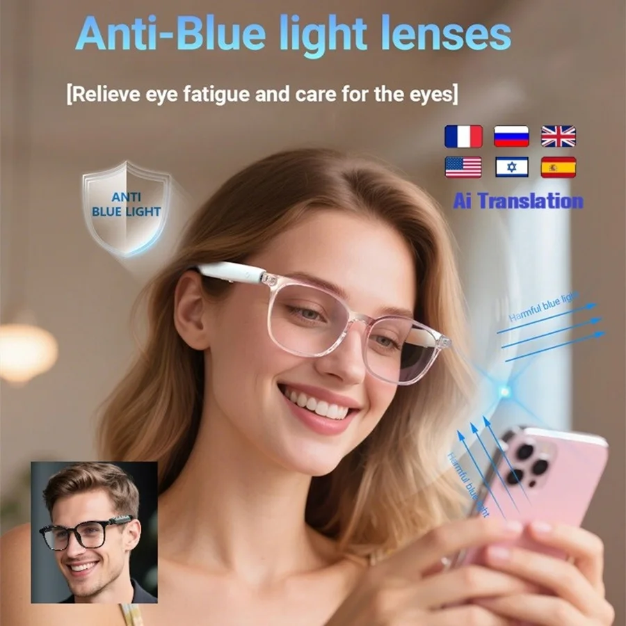 

Умные очки с линзами с защитой от синего света, сенсорные громкие звонки, стерео музыкальные наушники, умные очки для бизнеса