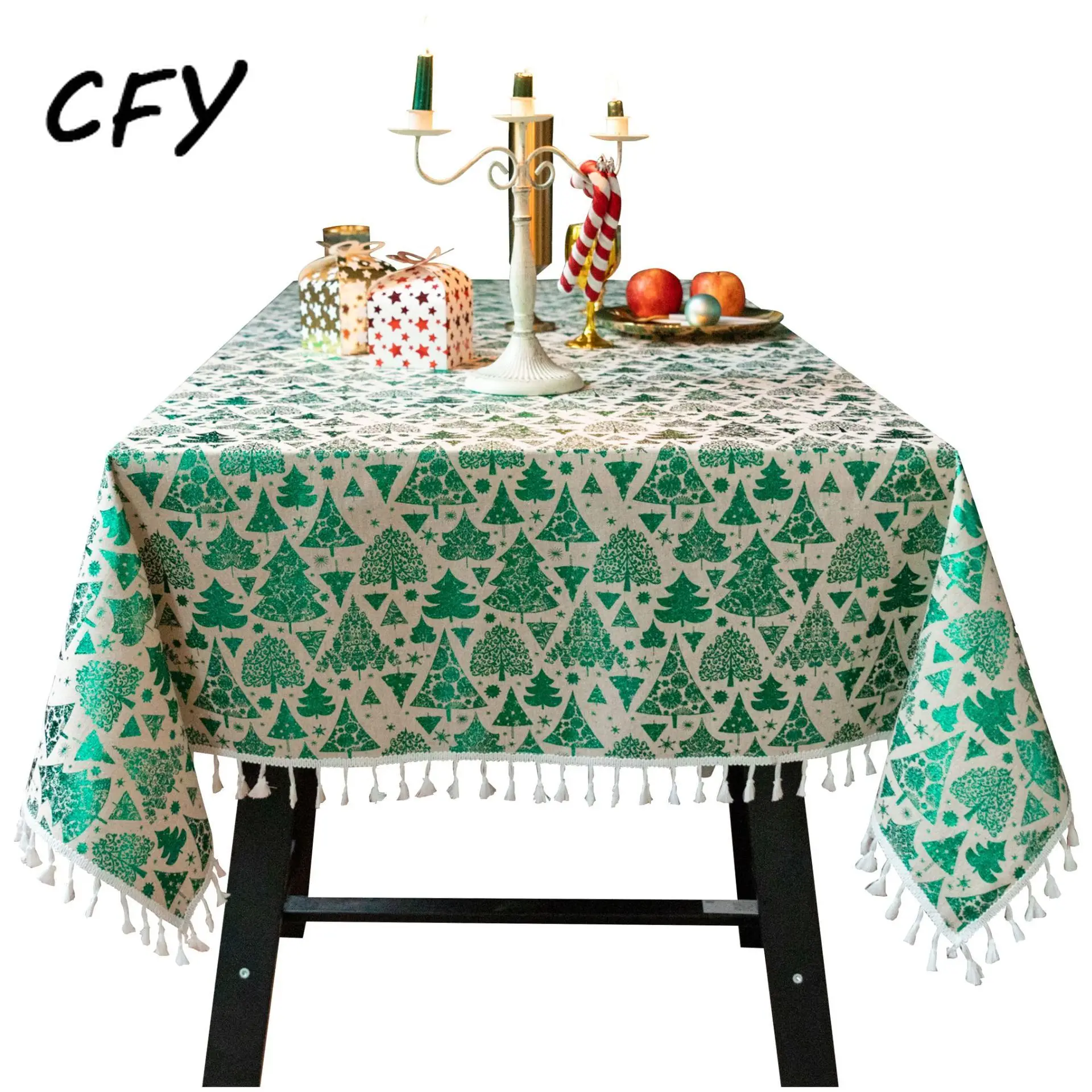 New Year and Christmas Cotton Linen Rectangular Tablecloth Home Coffee Dining Table Fireplace Microwave Cover