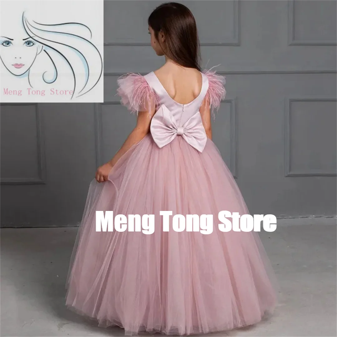 

Индивидуальные платья для девочек-цветочниц с бантом и перьями, атласный тюль без рукавов для свадьбы, дня рождения, вечерние, банкетные платья