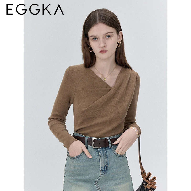 EGGKA Swing Collar Slim Knitwear Women 2024 Autumn Commuting Design Fashionable Tops Female Chic Long-sleeved Top Solid T-shirt