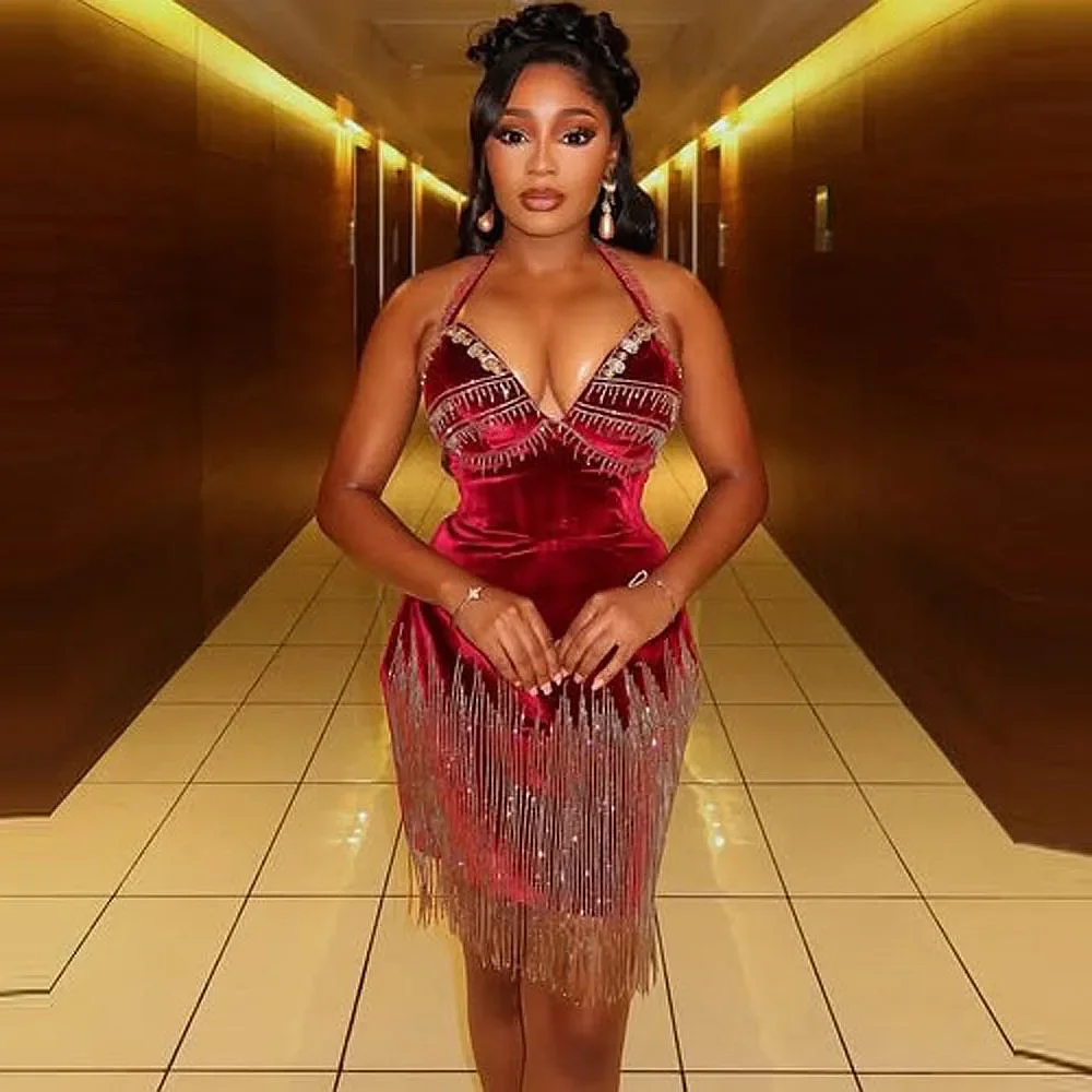 Shalter querida sexy voltar na altura do joelho aso ebi vestido de festa à noite veludo sexy vestido de aniversário grandes borlas sereia vestido de baile