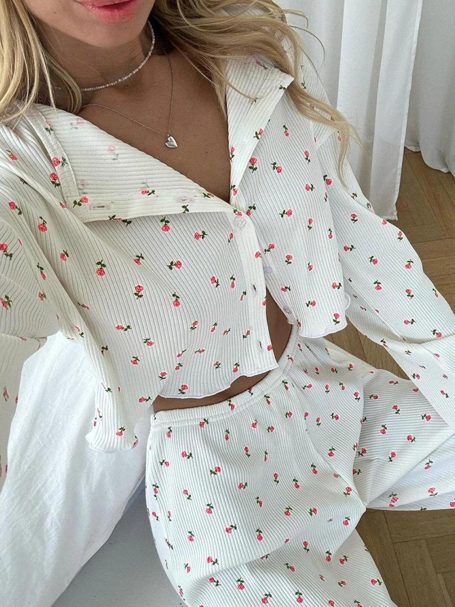 Mozuleva Knitted Flower Print Short Sleeved Long Pants 2-Piece Set Loose Breathable Cardigan Pajama Autumn New Women\'s Home Wear