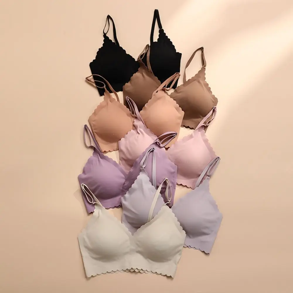 

Soft V Neck Seamless Bra Brassiere Solid Color Ice Silk Bra One-piece Lingerie Push Up Bra Sleepwears