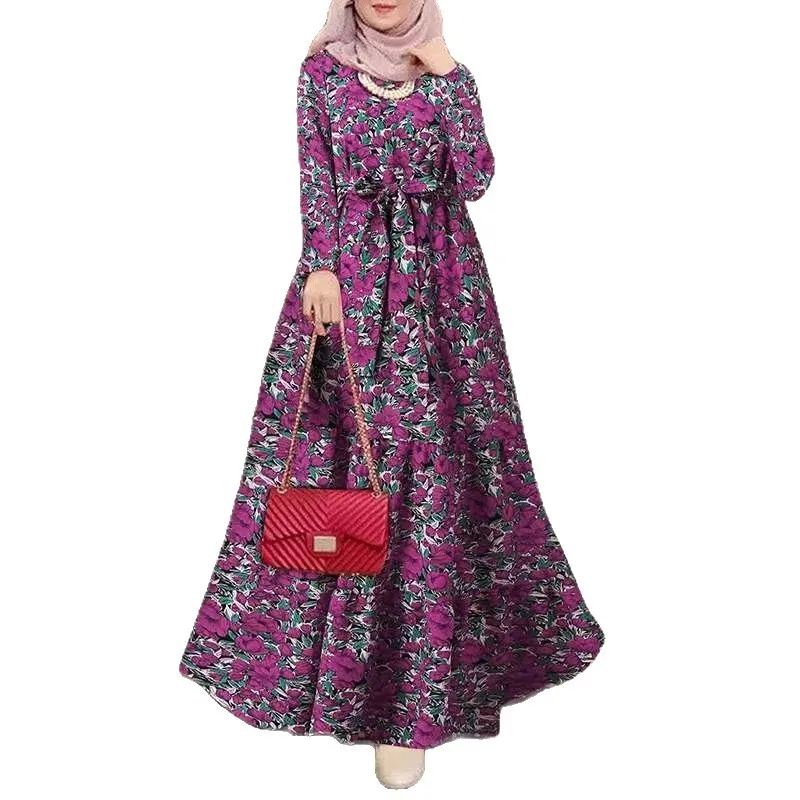 Nueva moda, vestido modesto de manga larga con estampado Floral para mujeres musulmanas, bata informal para mujer de Oriente Medio con cinturón para vestidos de Dubái