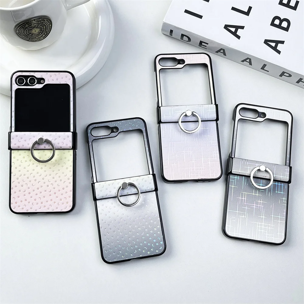 For Samsung Z Flip 5 7 Leather Case Ring Holder Gradient Laser Cover For Samsung Galaxy Z Flip 4 3 Z flip 5 6 Luxury Phone Case