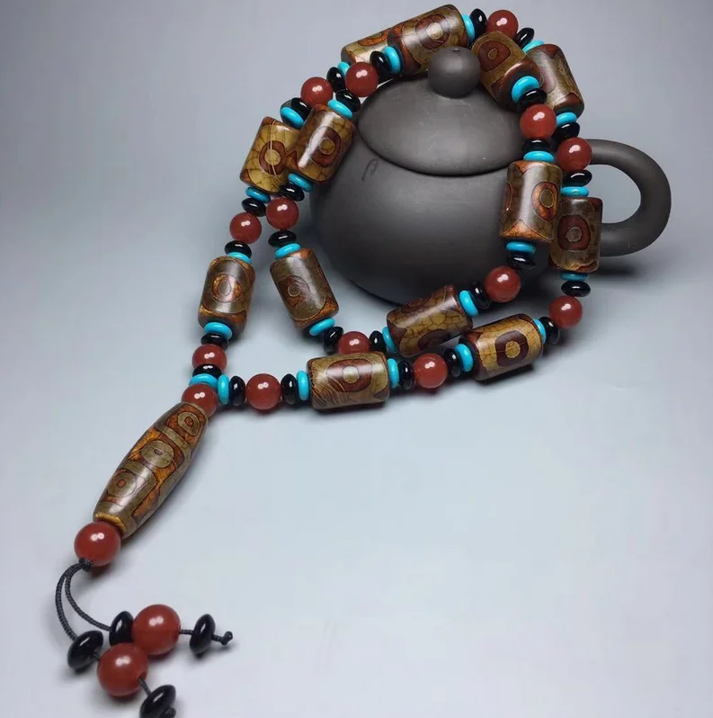 Tibetan Natural Old Patina Pure Agate Dzi * 9 Eyes * Beads Necklace M3092