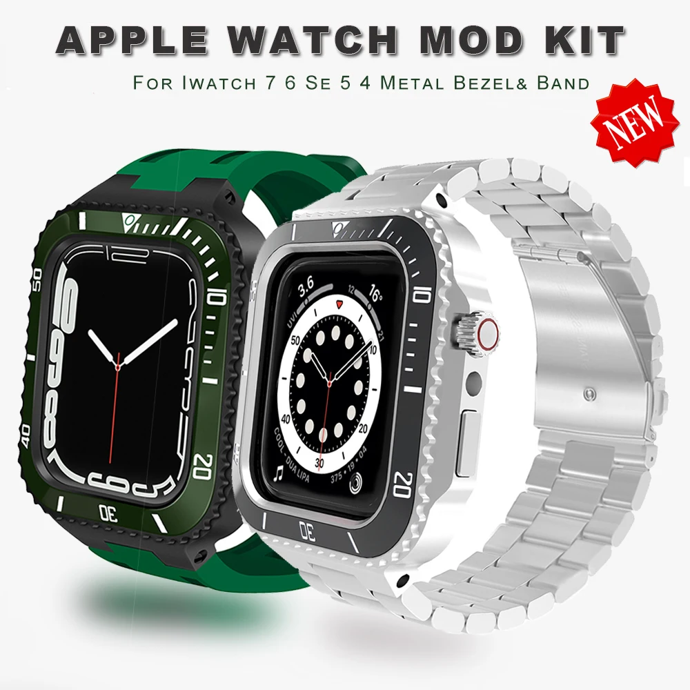 Luxury Case+band for Apple Watch 7 Modification Kit Metal Bezel ceramics Frame Rubber Mod Set IWatch Series 6 Se 5 4 3 45mm 44mm