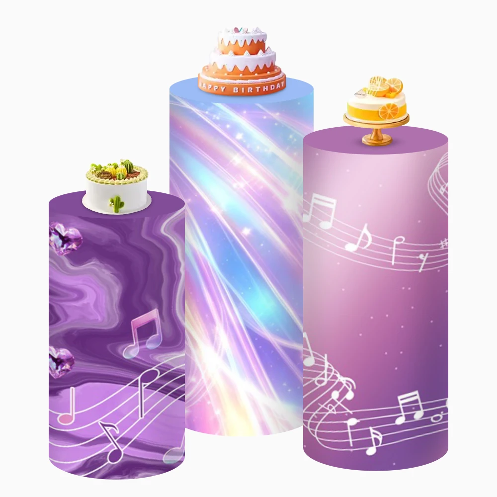 Fundas para Pedestales Cilíndricos con Temática Kpop para Decoración de Fiestas de Cumpleaños de Niñas y Baby Shower, Fondo de Columna para Pastel con Notas Musicales en Color Morado