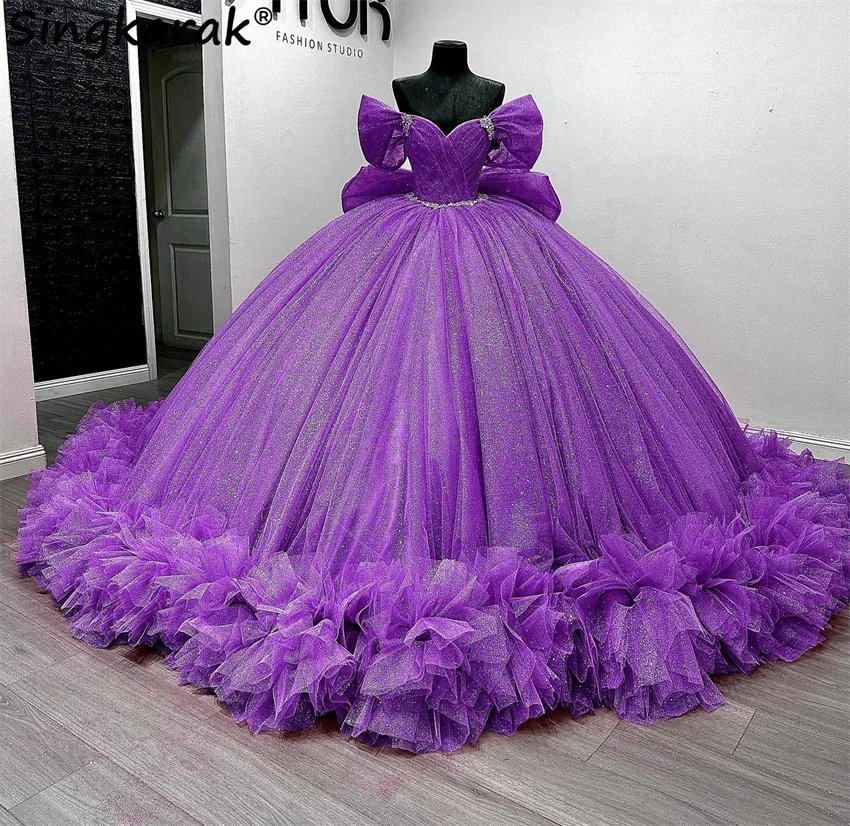 

New 2024 Purple Princess Quinceanera Dresses With Bow Ball Gown Crystals Beads Tiered Ruffles Sweet 15th Dress Customized