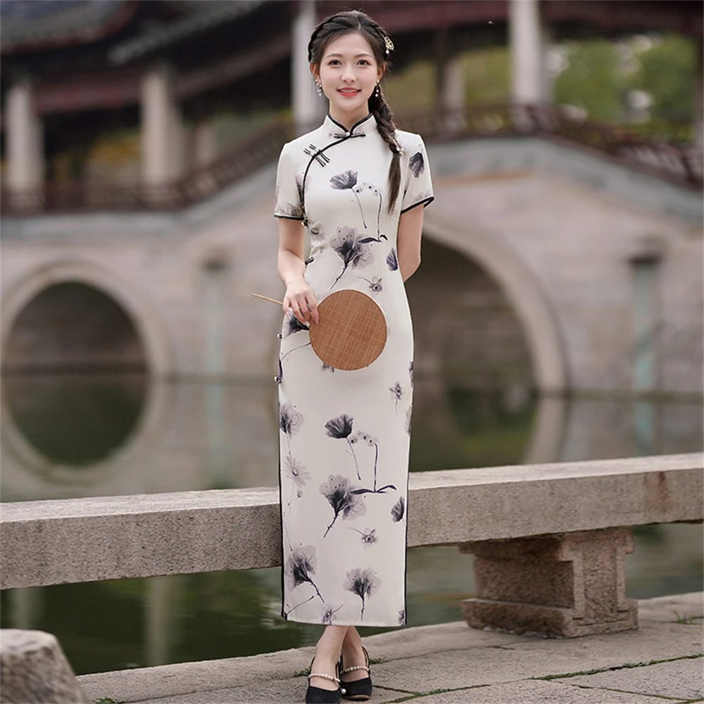 Classical Improved Short Sleeves Qipao Vintage Chinese Traditional Dress Girl Youth Style Long Cheongsam Female Wedding Costume