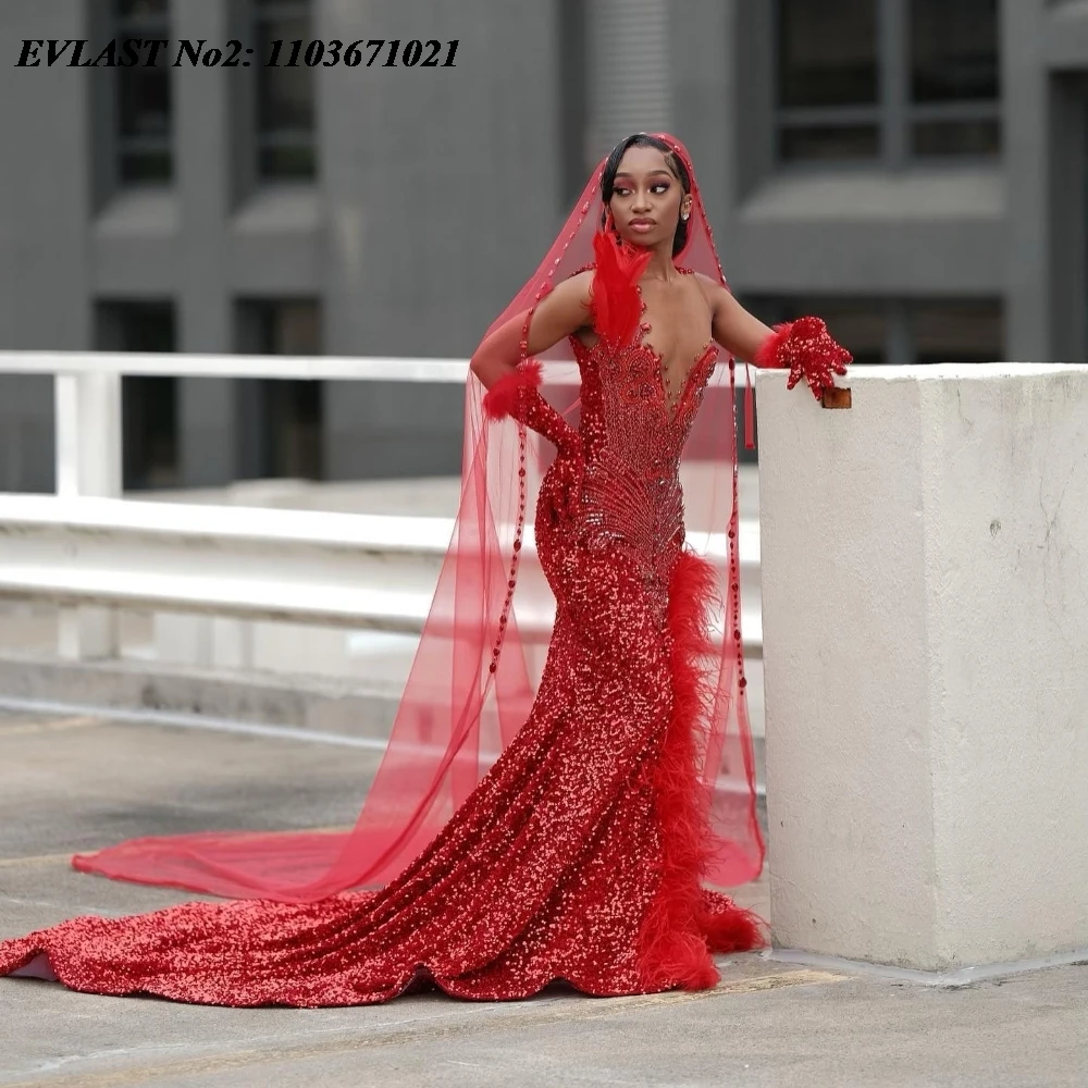 EVLAST personnalisé paillettes rouge paillettes sirène robe de bal noir filles haute fente plume cristal perlé robe de soirée E2P277