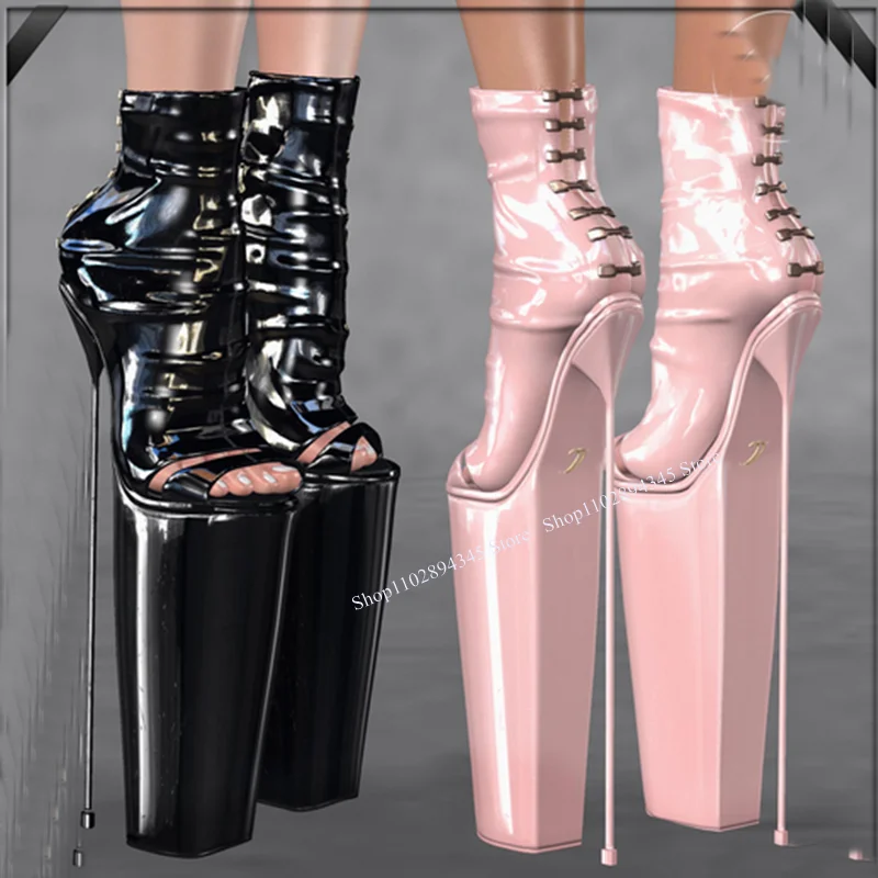 

Black Lace Up Peep Toe Boots Patent Leather Thin High Heel Fashion Sexy 2024 Summer Big Size Woman Shoes Zapatillas Mujer