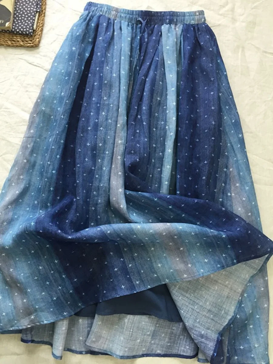 Faionable Double Layer A-Line Midi Skirt High Waist Slimming Dra Large Size Women's Clothing Vintage Cotton Casual Skirt