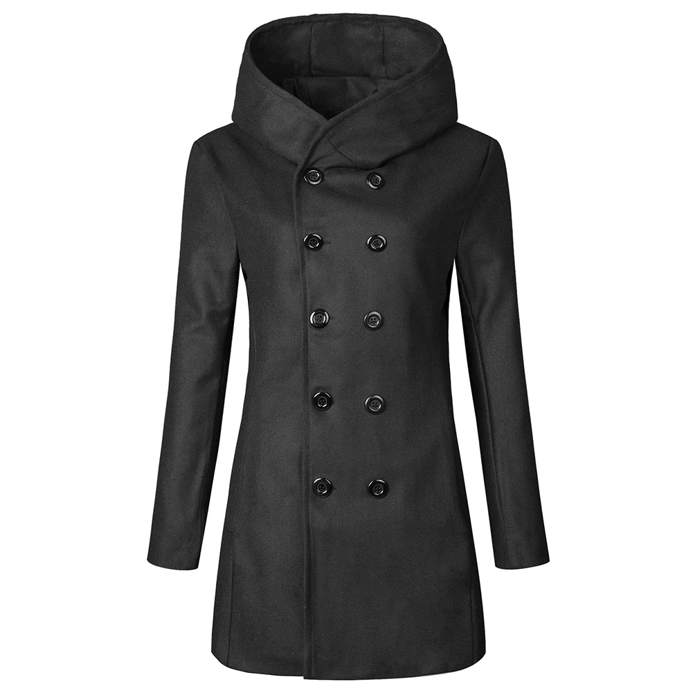 

Premium Quality Mens Winter Coat Hooded Trench Jacket Double Breasted Overcoat Cardigan M 3XL Black Navy Blue