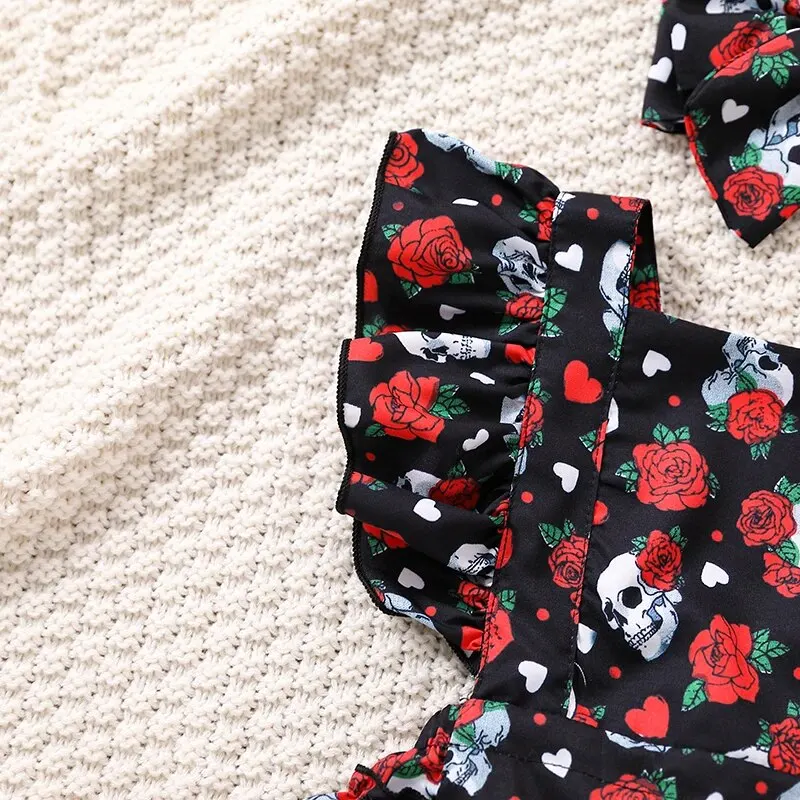 Summer Newborn Baby Clothes Rose Skull Pumpkin Sweetheart Flying Sleeves Triangle Romper Jumpsuit