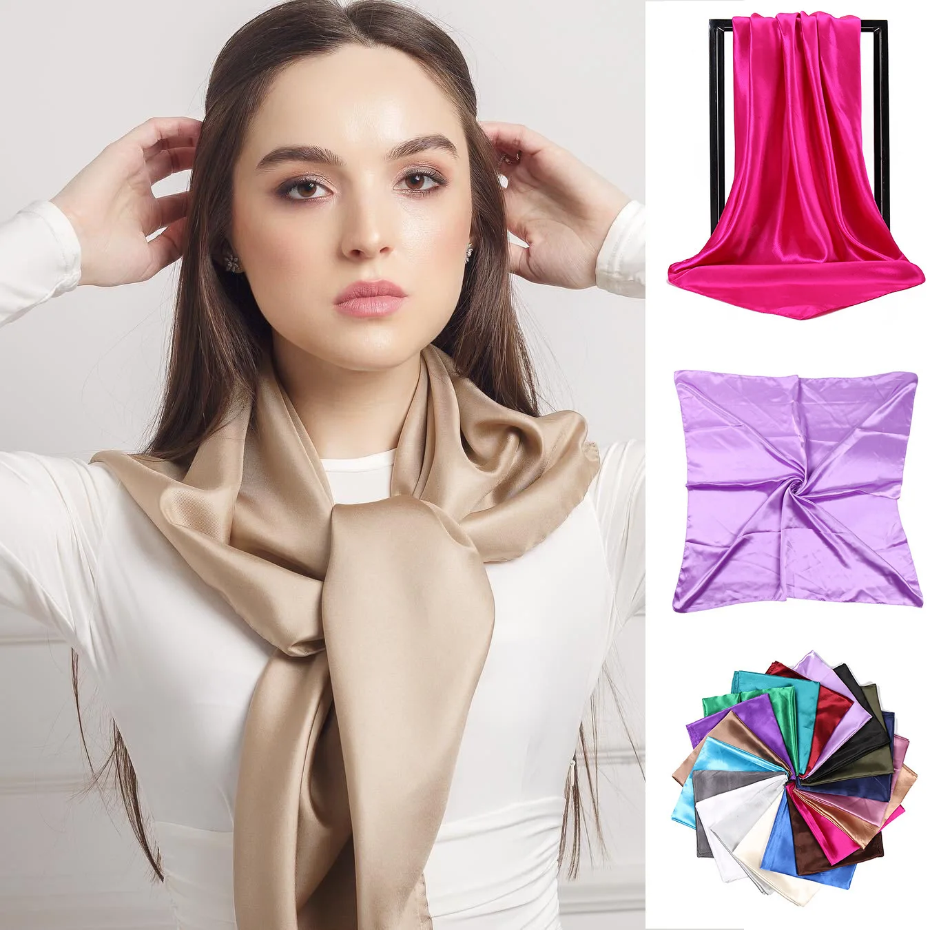 90cm Solid Colors Neckerchief Hijab Scarf For Women Silk Satin Headband Hair Scarves Female Square Shawls Head Scarfs For Ladies