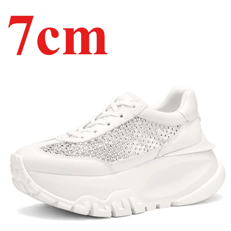 Casual Sneakers Height Increasing Shoes Women's 7cm Elevated Cowhide Woven mesh drill Design Comfortable Breathable Sports Shoes