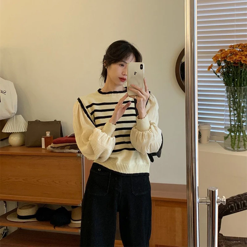 Patchwork Fashion Women Sweaters 2024 Striped Knit Top Autumn Winter Pullovers Knitwears Long Sleeve Clothes Ladies Sweater New